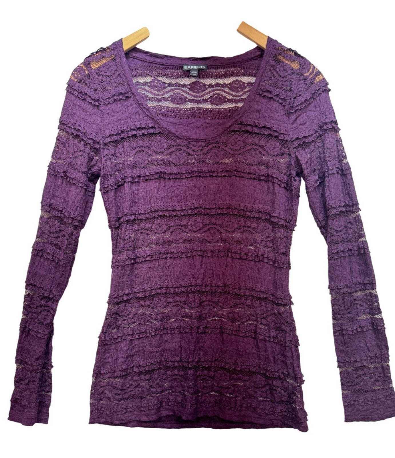 Express Womens Sheer Long Sleeves Top Size S Purple Lace