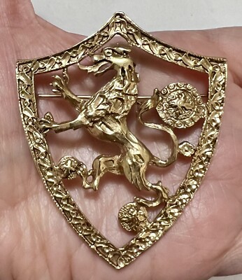 Large Vintage Heraldic Lion Rampant Crest Shield Gold Tone Brooch Pin 2-3/4 