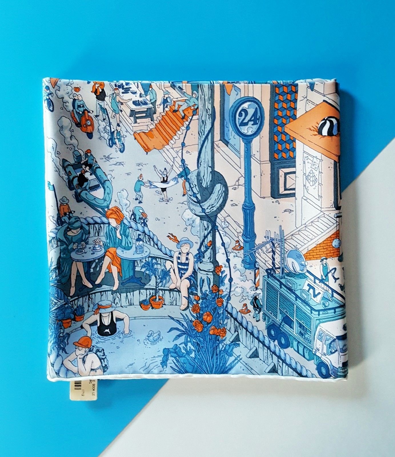 BNIB Auth. Hermes scarf Le Grand Prix du Faubourg Blue Orange Ugo Gattoni 2017