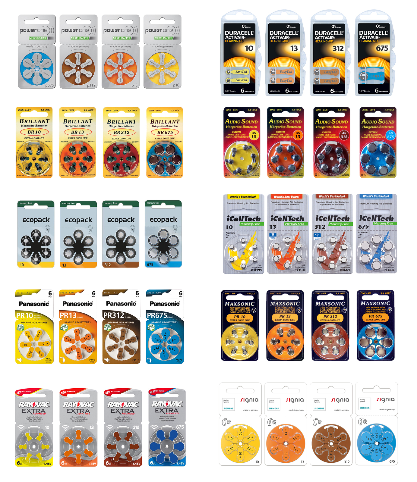 Hearing Aid Batteries Type 10 - 13 - 312 - 675: Duracell, Si