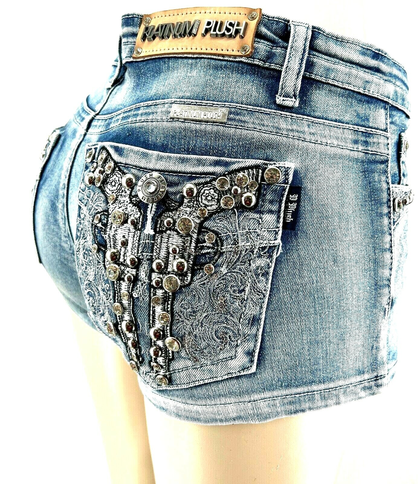 PLATINUM PLUSH LADIES PISTOL BAROQUE RHINESTONE DENIM SHORTS
