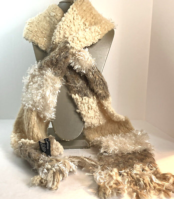 CEJON Ivory Cream & Brown Knit Scarf Super Soft Cuddly Fall 72  with 6  Fringe