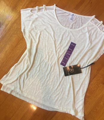 $44 ACTIVE LIFE XXL SPLIT HIP TEE TOP LATTICE SHOULDER BLOUSE exercise tunic