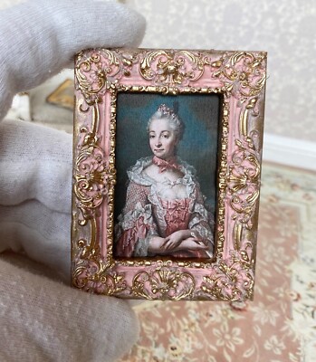 Miniature Dollhouse Lady in PINK lace RUFFLES Rose colored framed Art with GOLD