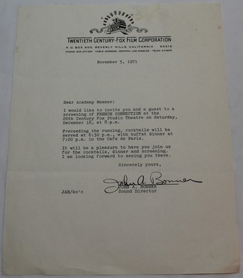 FRENCH CONNECTION / 1971 Movie Screening Invitation hand signed, Gene Hackman