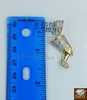 Pre-owned Globalwatches10 10k Gold Diamond Egyptian Queen Nefertiti Charm With 22"inch Miami Cuban Chain In White
