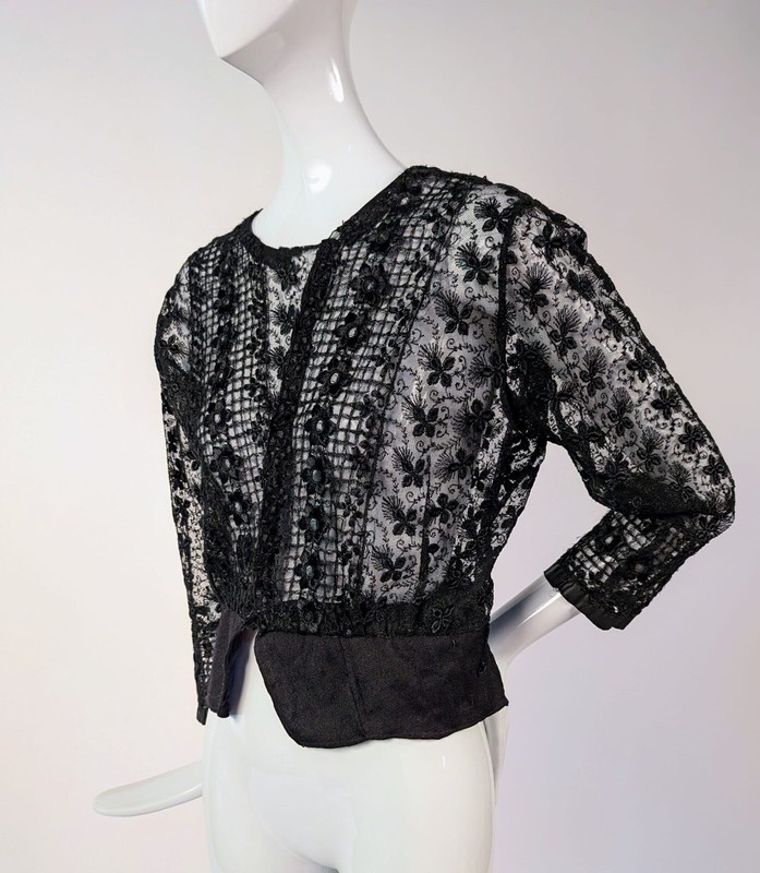 GOTHIC EDWARDIAN BLACK EMBROIDERED NET + LACE BLOUSE