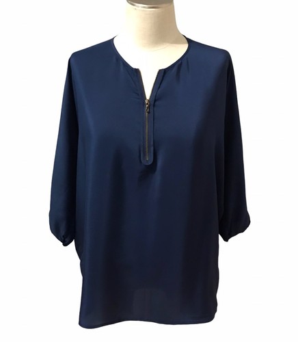 24SS WOOL SILK PULLOVER SHIRT サイズ1 NAVY Vince Navy Blue SILK Blouse 1/4 Zip 3/4 Sleeve Popover
