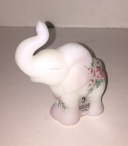 FENTON Art Glass Hand Painted Elephant Figurine Floral Flowers USA Signed Label