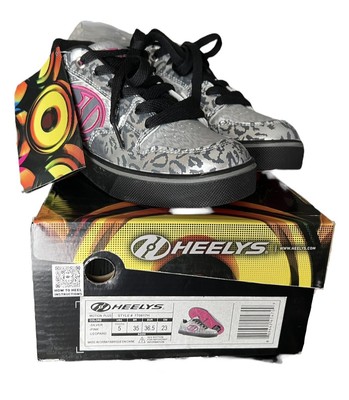 NEW Heelys Youth 5 EU 36.5 MotionPlus Black Pink Silver Cheetah Wheel Shoe Skate