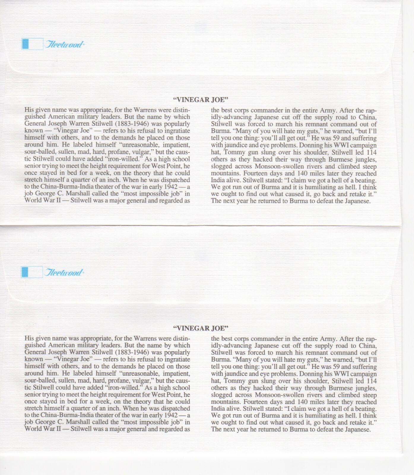 SSS: 2 pcs US Fleetwood FDC 2000 10c Joseph Stillwell  PB4, BK4 Sc #3420