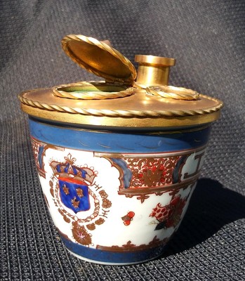 PARIS ANTIQUE PORCELAIN & GILT BRONZE FRENCH INKWELL AMORIAL BRUSH POT E. Samson