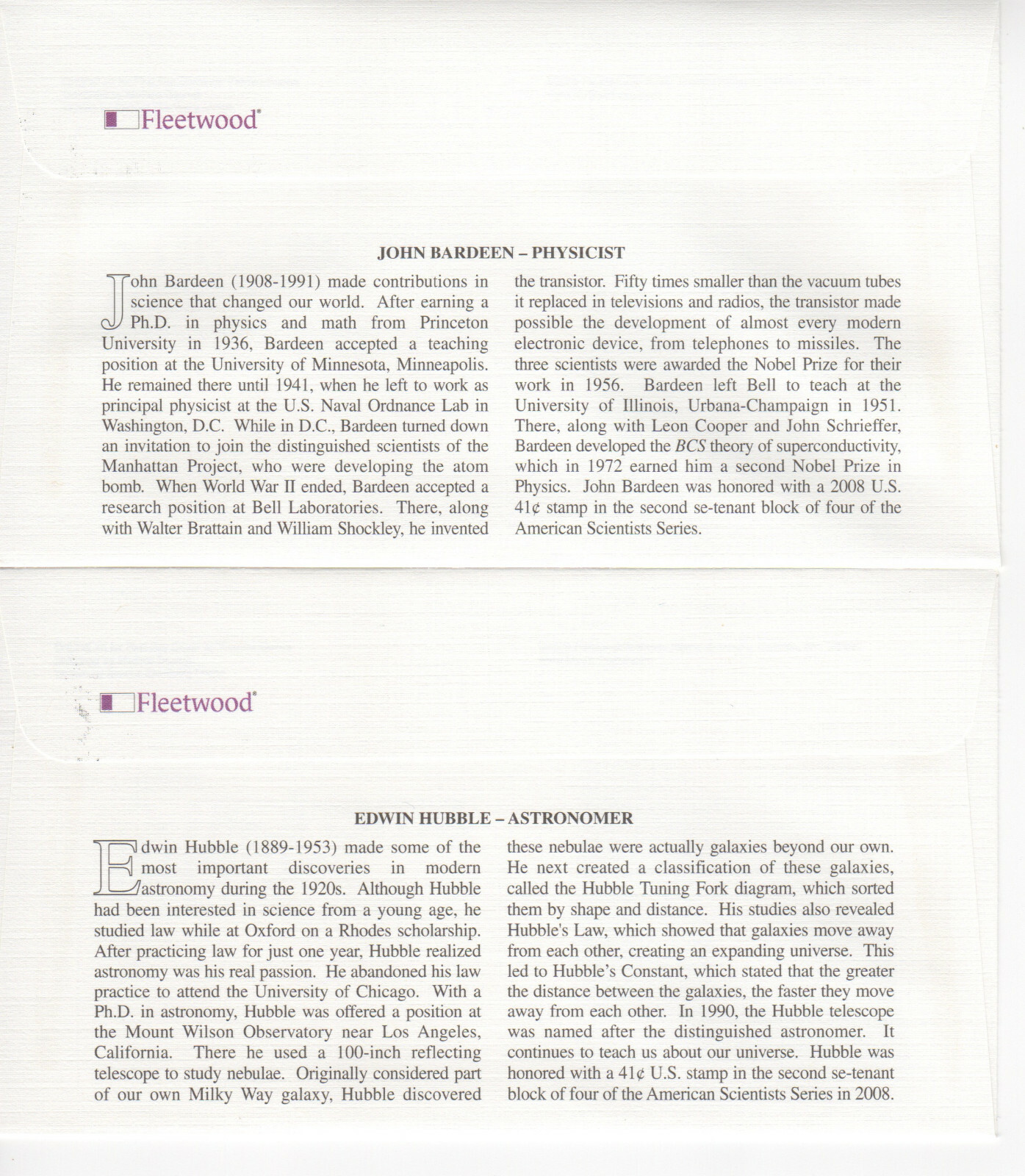 SSS: 4 pcs US Fleetwood FDC 2008 41c American Scientists  Sc #4224-27