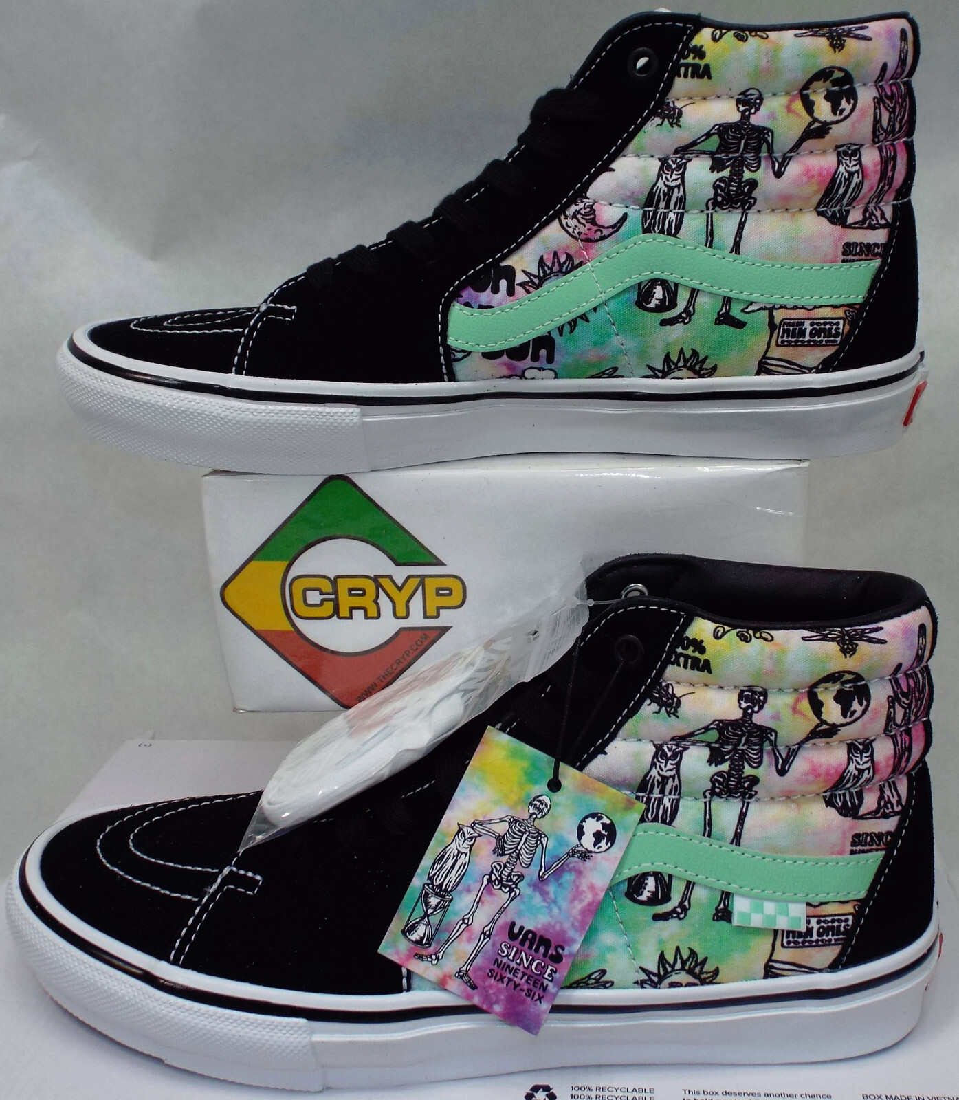 New Mens 10 Vans Pop Cush Sk8 Skulls Skeleton Black Mint