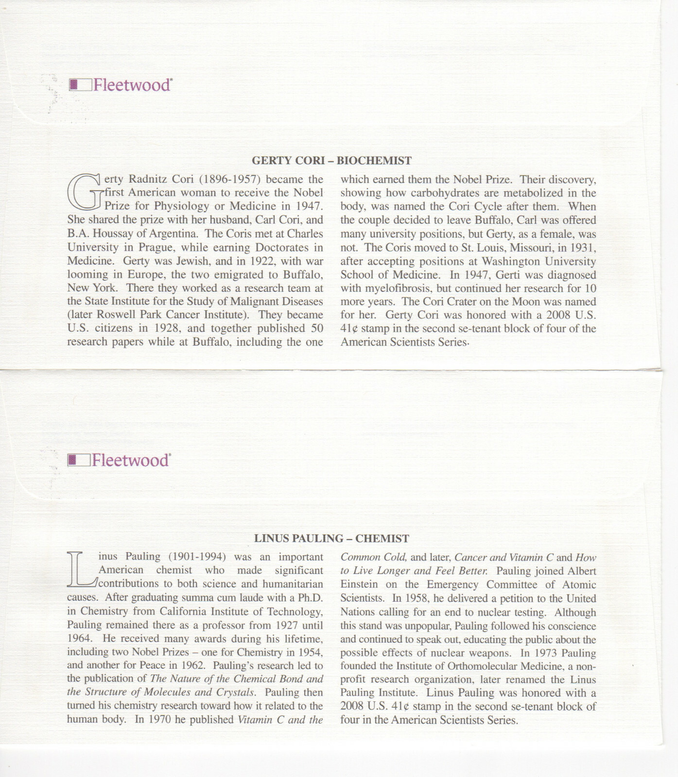 SSS: 4 pcs US Fleetwood FDC 2008 41c American Scientists  Sc #4224-27