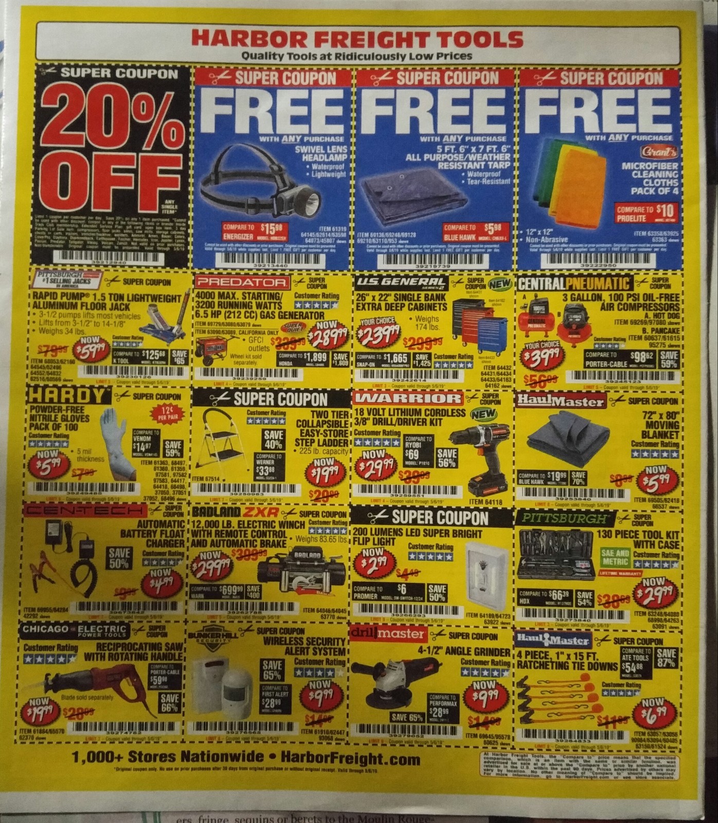 Harbour freight 20% off a single item,+ bonus whole sheet of coupons. Exp 5/6/19
