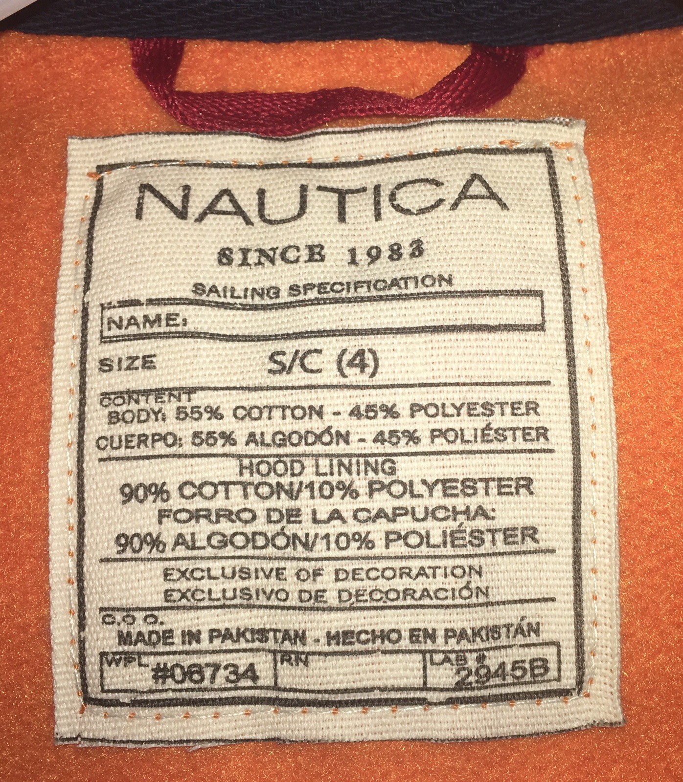 Kids Boys Nautica Full Zip Orange Navy Blue Hooded Coat Jacket, Size 4 Small S