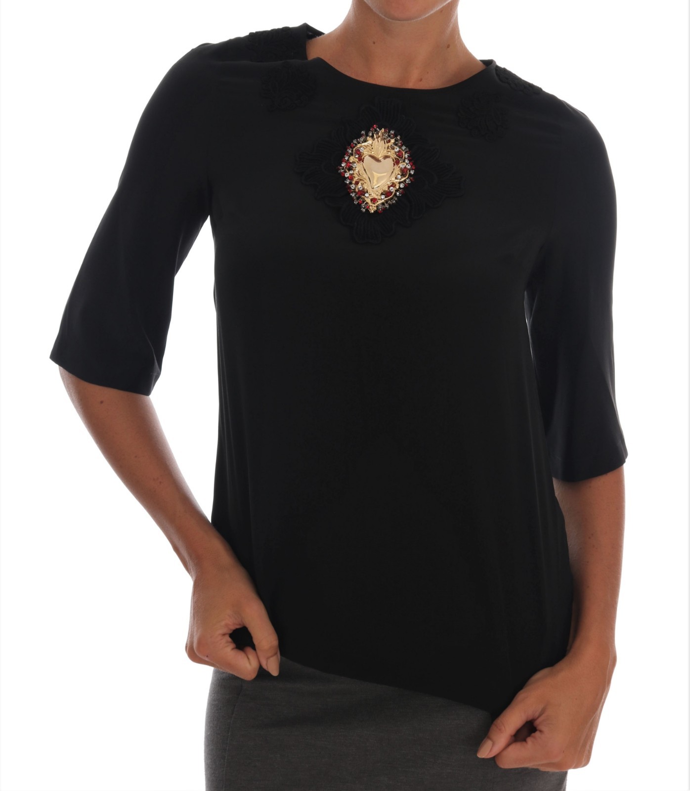 

DOLCE - GABBANA Черная шелковая блузка с кружевным верхом Sacred Heart IT36/ US2 /  Рекомендуемая розничная цена 1200 долларов США, Черный