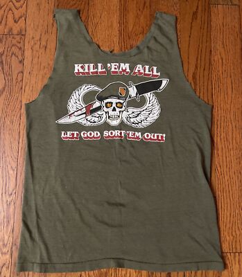 VTG 80's Kill Em All Let God Sort Em Out Sleeveless Tank Cutoff Shirt SMALL S