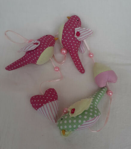 Handmade Hanging Mobile - Plush Birds & Hearts with Pearl Beads on Satin Ribbon