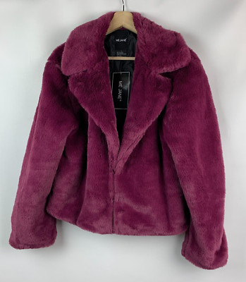 Me Jane Jacket Plum Faux Fur Collared Pockets Hook Eye Lined Size L NEW