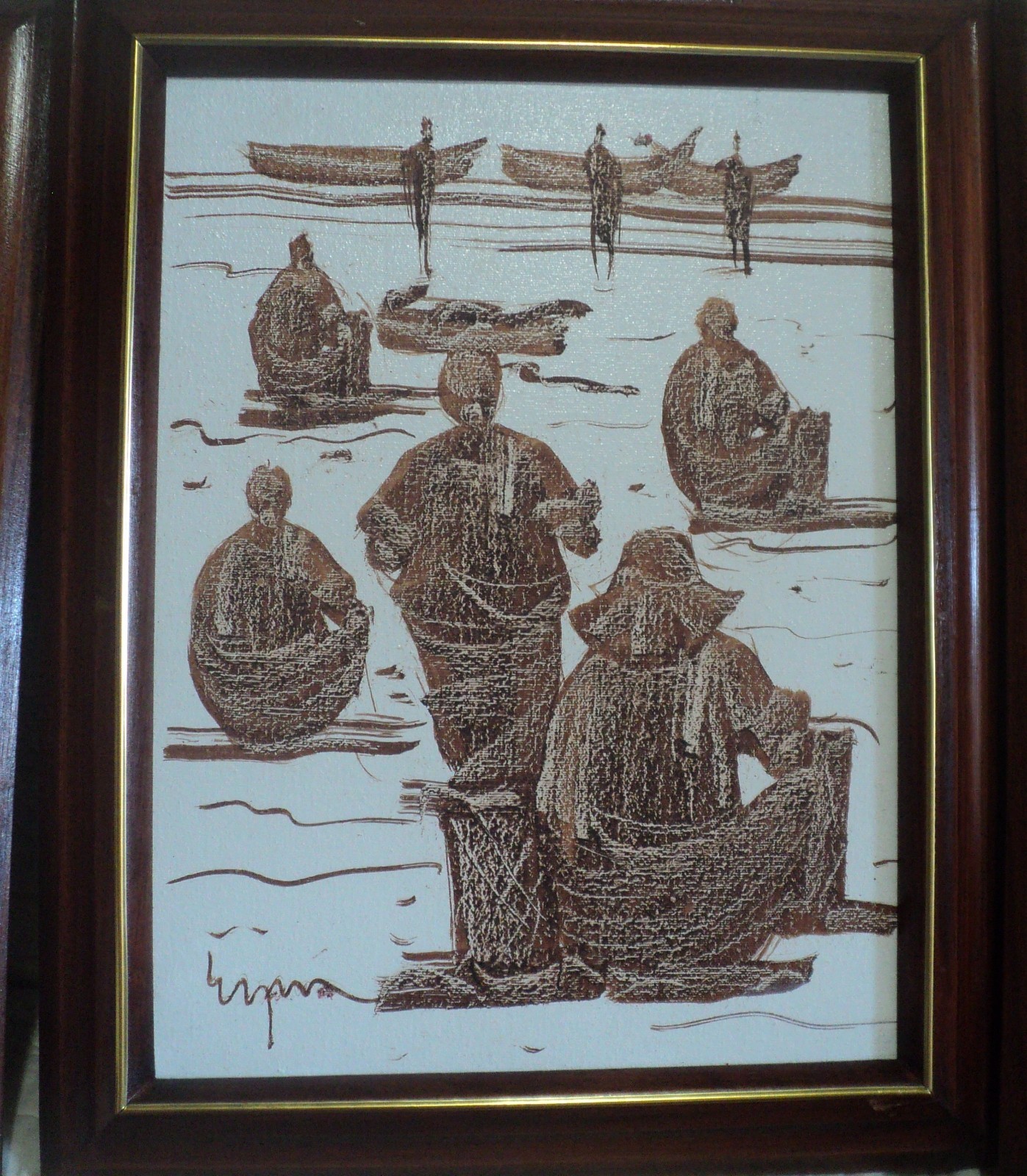 Vintage 4 Set Alaskan Eskimo Inuit Folk Art Ice Fishing Painting Signed LOT