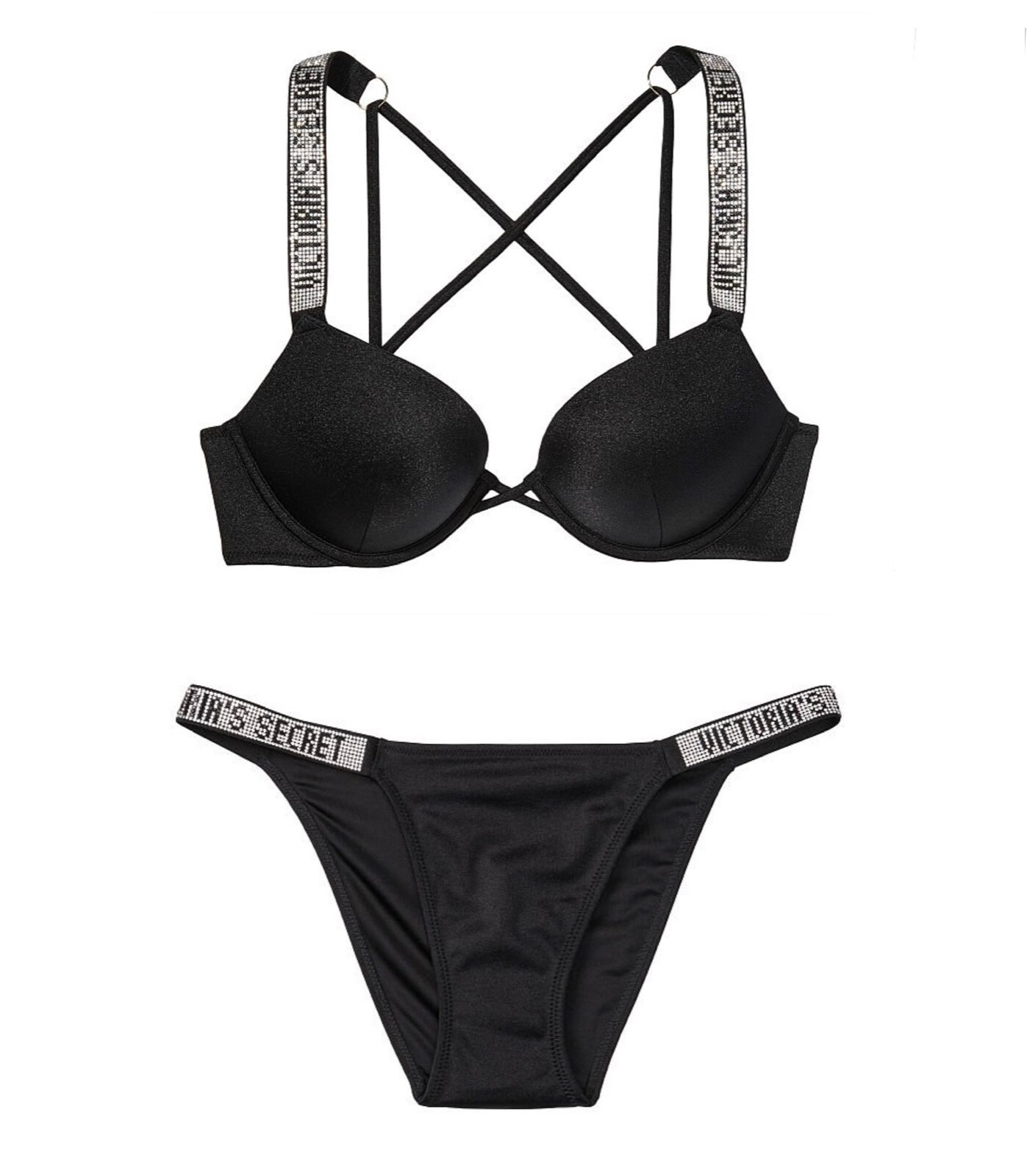 

Victoria s Secret Shine Strap Crisscross Bombshell Push-up Bikini Swim Set Черный