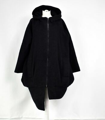 CREARE BLACK WOOL ASYMMETRIC PARKA COAT ONE SIZE