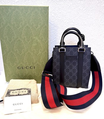 New Gucci GG Supreme Monogram Black Canvas Leather Trim Web Strap Mini Tote Bag