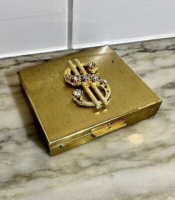 VINTAGE JOINT-CIGARETTE-PILL-CARD-BOX GOLD TONE RHINESTONE DOLLAR SIGN COMPACT