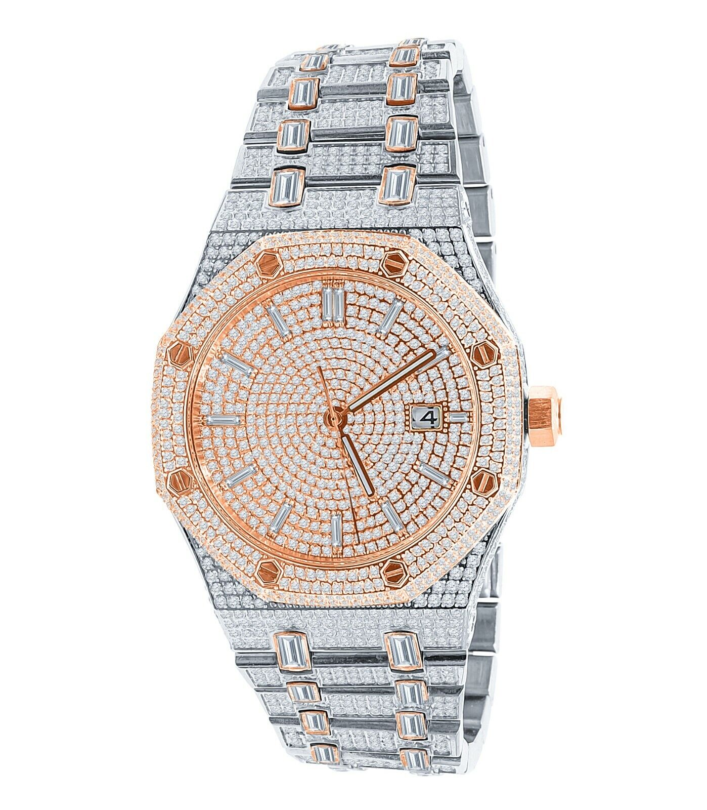 Pre-owned Bling Master Full Steel Baguette Men's Rose Gold 2 Tone Finish Simulated Diamonds 42 Mm Watch