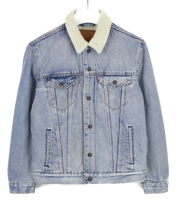 LEVI's Premium Jacket Men's MEDIUM Denim Faded Snap Button Shearling Lined