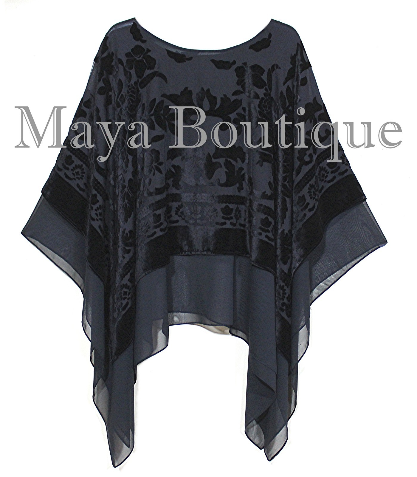 Pre-owned Maya Matazaro Black  Layered Poncho Top Burnout Velvet & Chiffon Made In Usa