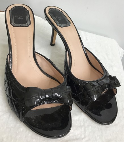 Christian Dior Slide Black Patent Leather Open Toe Bow Top Heel