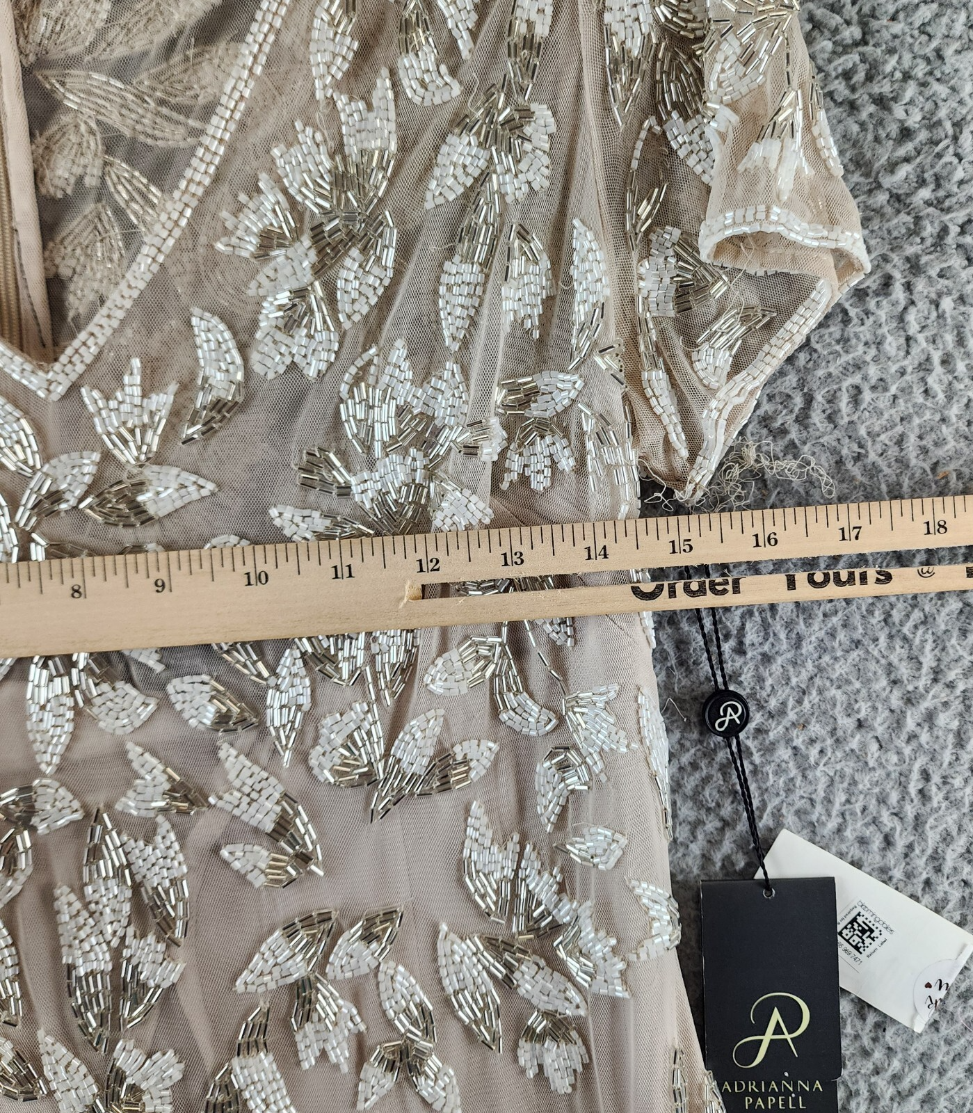 Adrianna Papell Beaded Godet Gown Women's 10 Beige V-Neck Hook & Eye Closure S/S - Picture 15 of 24