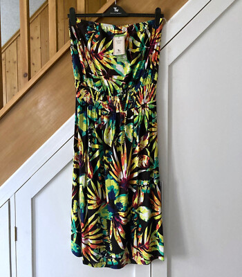 TU Size 14 Strapless Dress Bandeau Black Green Yellow Tropical Leaf Jungle Beach