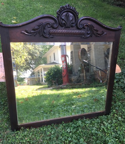 Large Antique Victorian Hand Carved Wood Mirror Beveled Edge 34 X 36