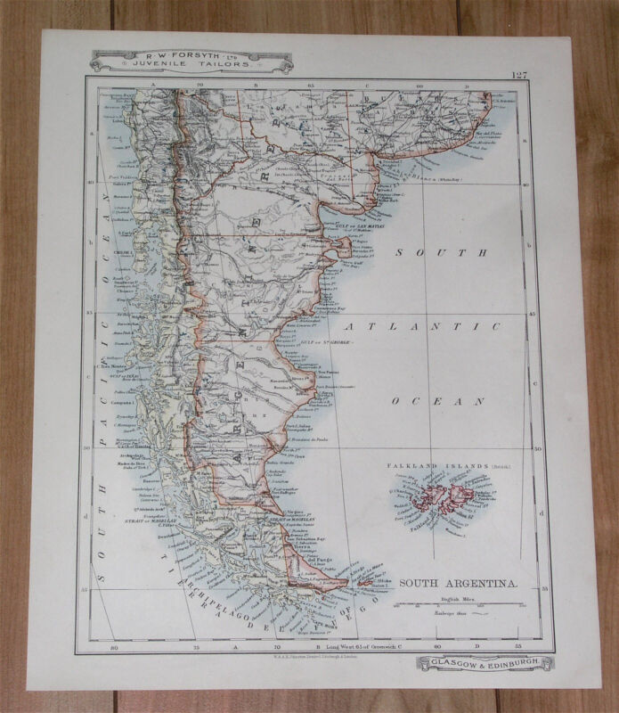 1907 ORIGINAL ANTIQUE MAP ARGENTINA CHILE FALKLANDS BUENOS AIRES RIO DE JANEIRO