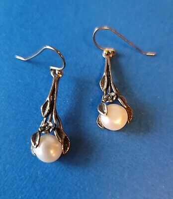 Noa Zuman Israel Sterling Silver Leaf Pearl Dangle Earrings