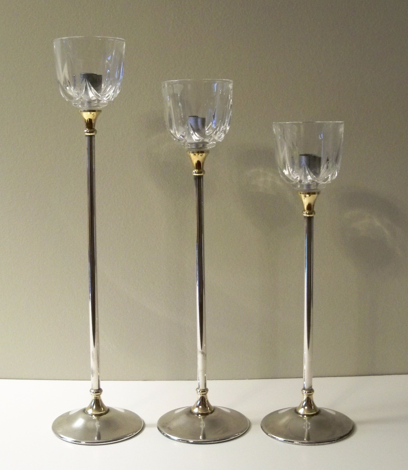 SILVERPLATE & CRYSTAL TALL CANDLE HOLDERS-Set of 3 by ARGENTE ITALY BRASS ACCENT