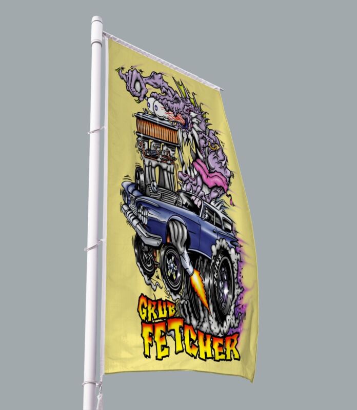 GRUB FETCHER Rat Fink Chevy Muscle Car Flag Banner 3x5 FT Hot Rod Garage Artwork