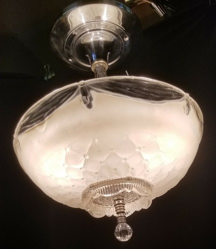 Vintage 40's Art Deco Glass Ceiling Light Lamp Fixture chandelier chrome antique