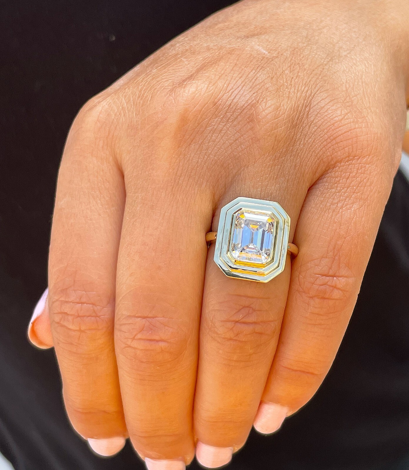 Pre-owned Knr 14k Solid Yellow Gold Emerald Cut Moissanite Engagement Ring Bezel Set 3.50ct