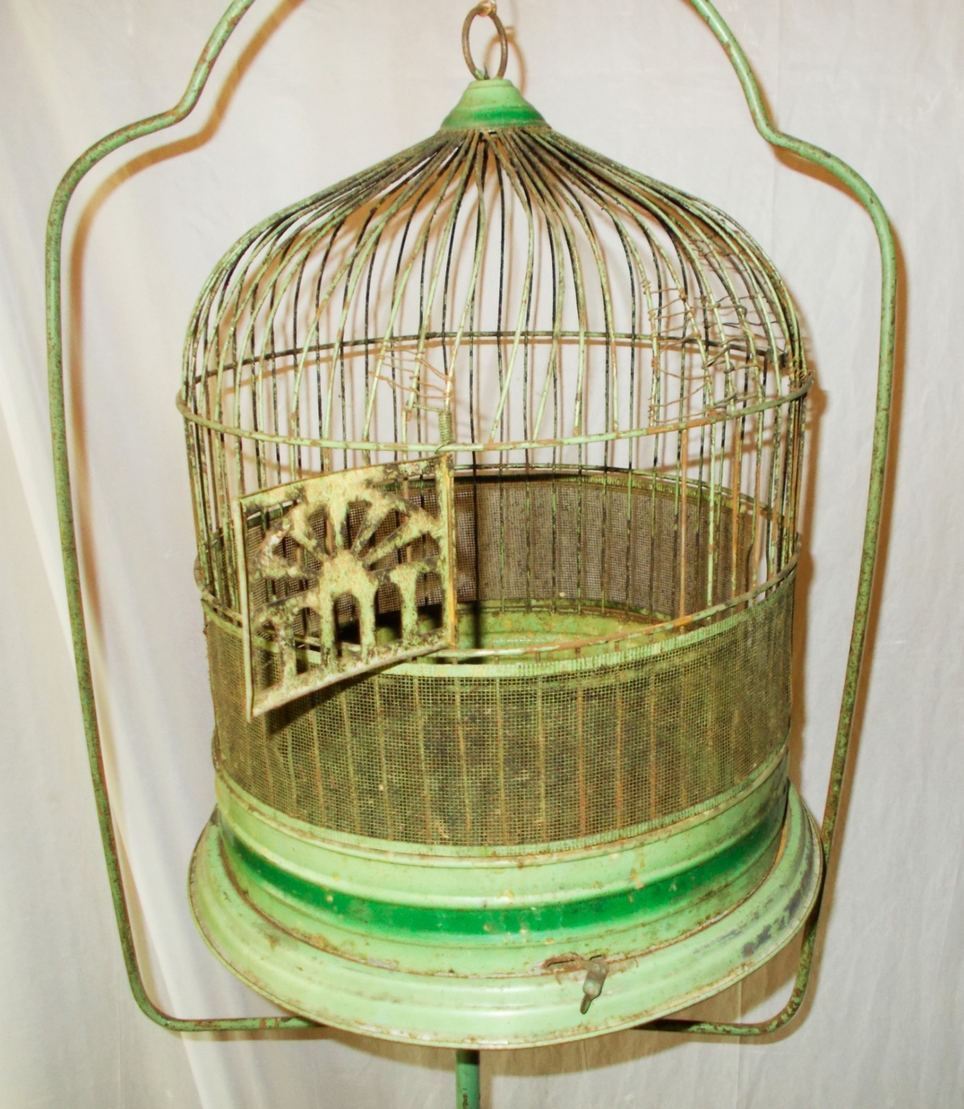 Vintage Green Metal Wire Bird Cage w Stand 65 Inches High Antique ?