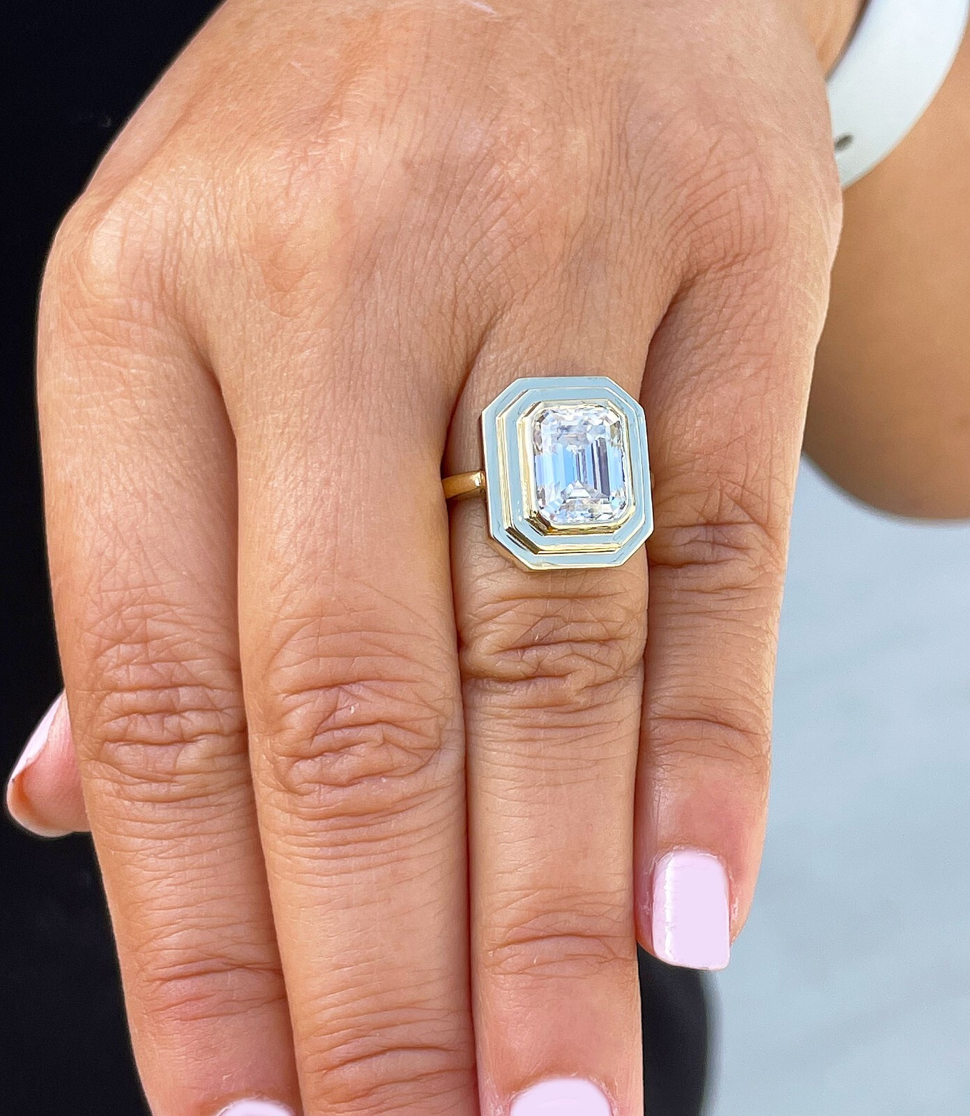 Pre-owned Knr 14k Solid Yellow Gold Emerald Cut Moissanite Engagement Ring Bezel Set 3.50ct