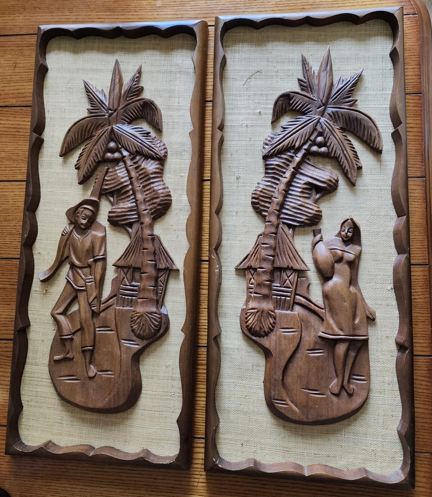 Vintage Mid Century Tiki Style Carved Wall Art Wood Burlap