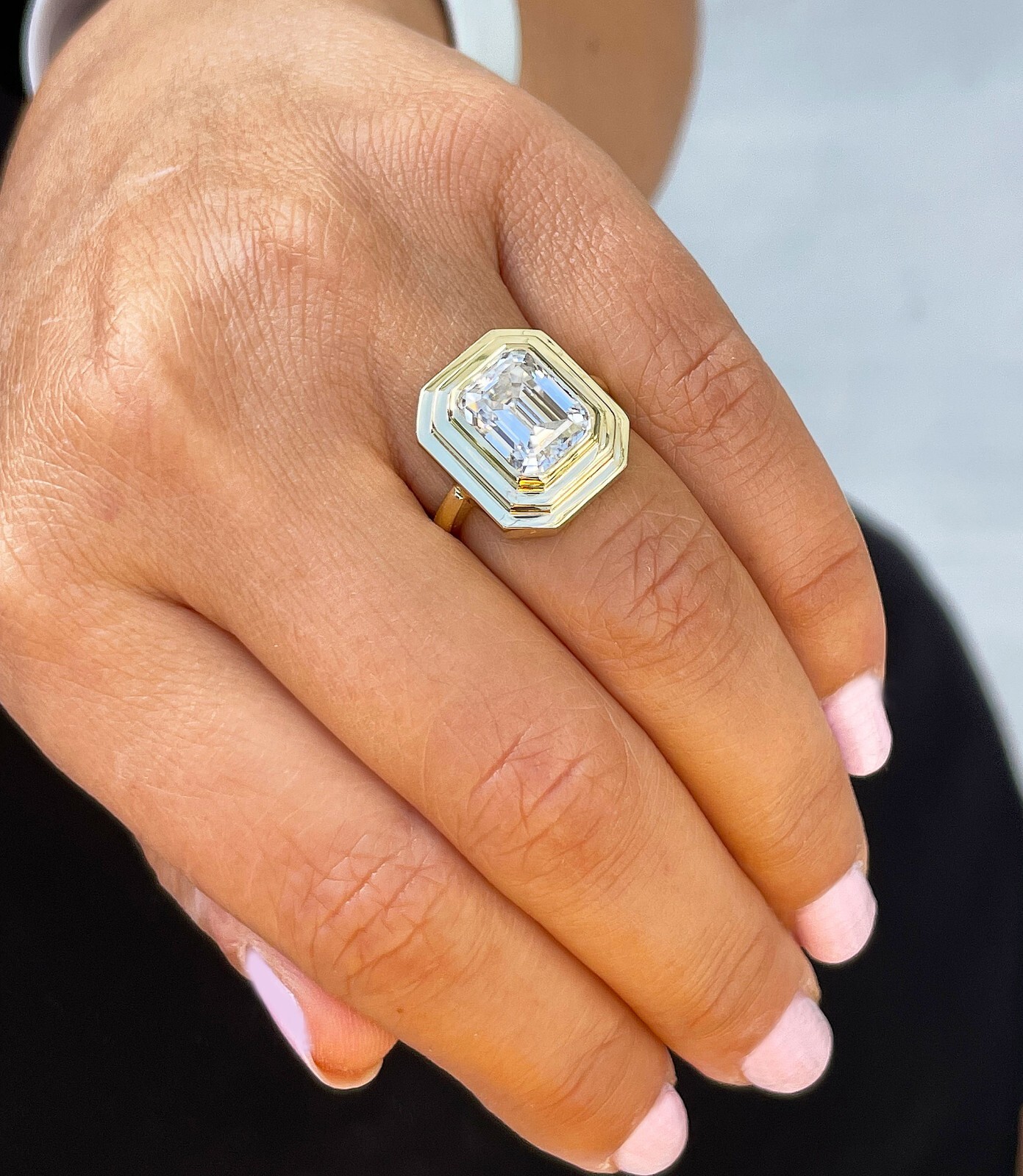 Pre-owned Knr 14k Solid Yellow Gold Emerald Cut Moissanite Engagement Ring Bezel Set 3.50ct