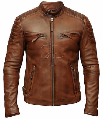 

Mens Biker Club New Classic Diamond Vintage Проблемная коричневая куртка из натуральной кожи, Tan