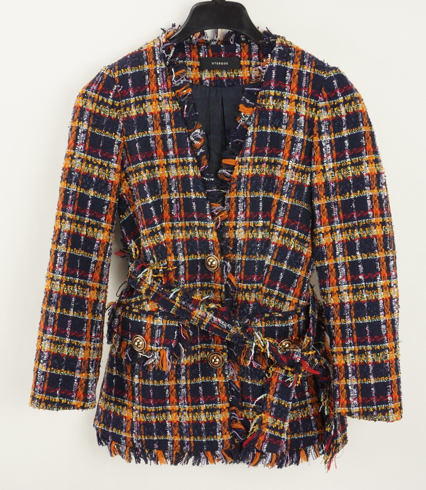 Uterque Women's Small Belted Lined Blue Orange Plaid Tweed Uterque Women's Small Belted Lined Blue Orange Plaid Tweed