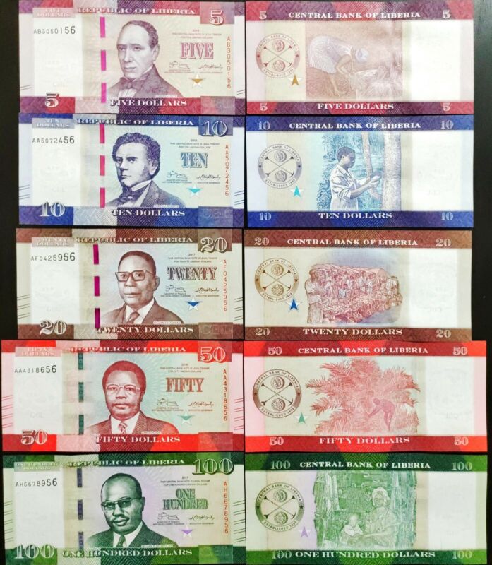 Liberia Set, 5 Pcs, 5+10+20+50+100 Dollars, 2016-2017, P-31/35, UNC